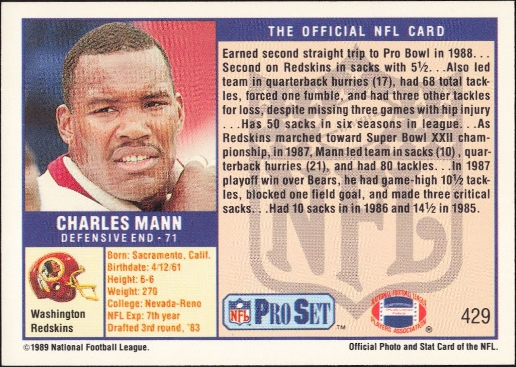 1989 Pro Set Charles Mann #429 football trading card back