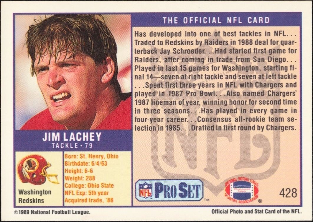 1989 Pro Set Jim Lachey #428 football trading card back