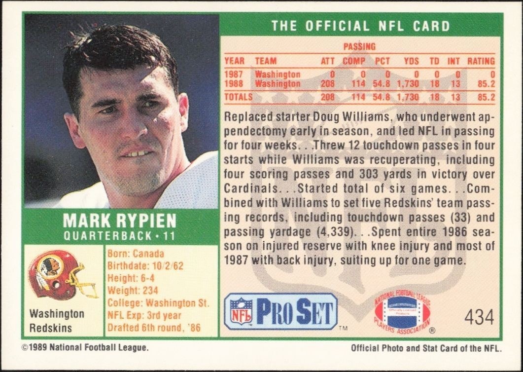 1989 Pro Set Mark Rypien #434 football trading card back