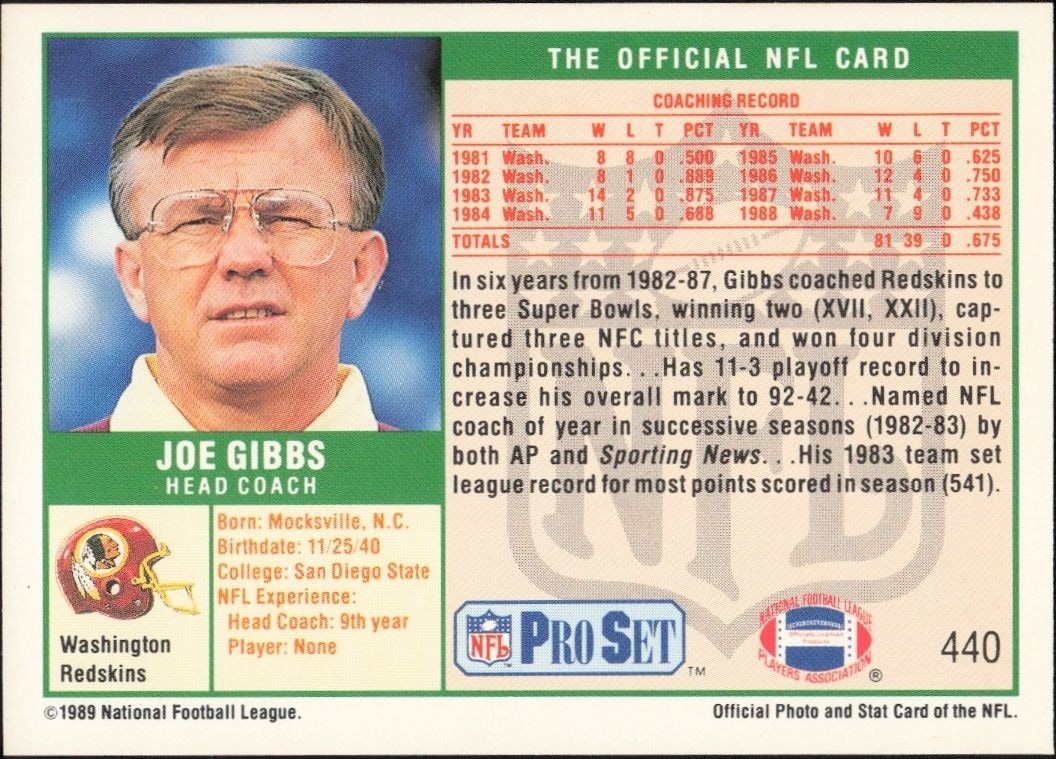 1989 Pro Set Joe Gibbs #440 football trading card back