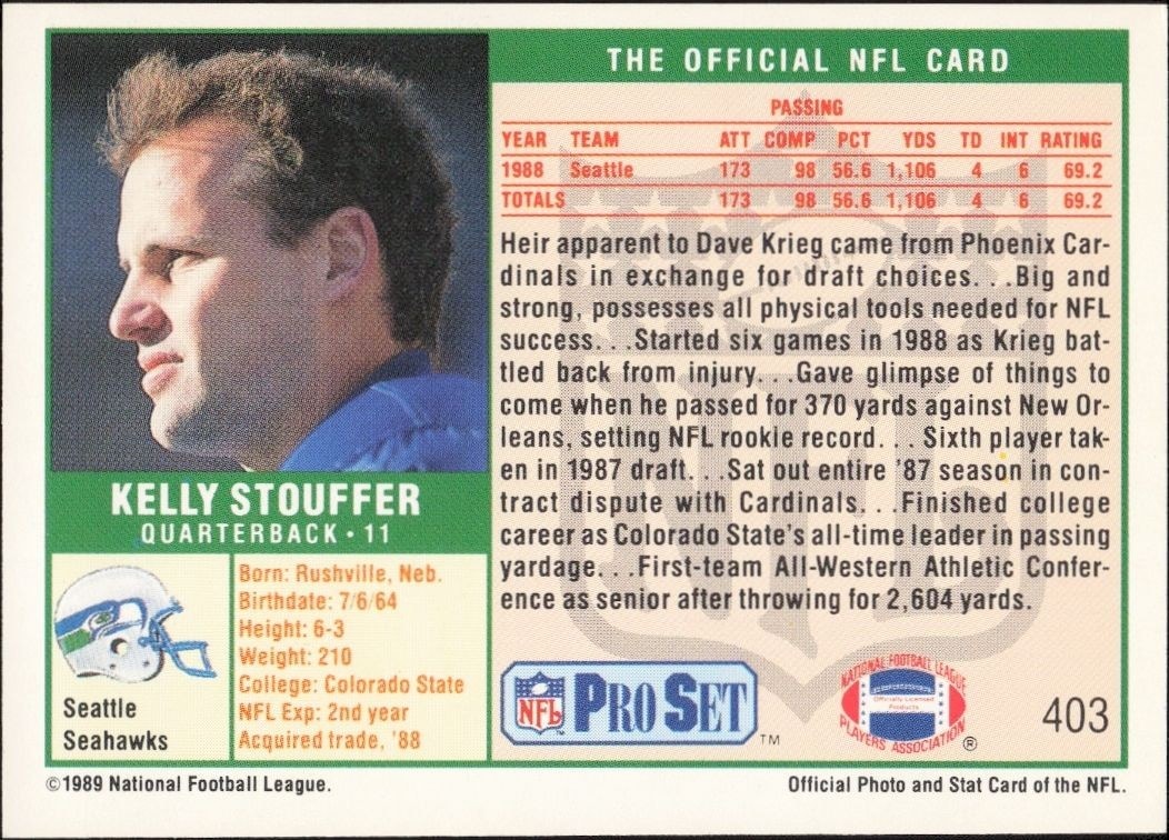 1989 Pro Set Kelly Stouffer #403 football trading card back