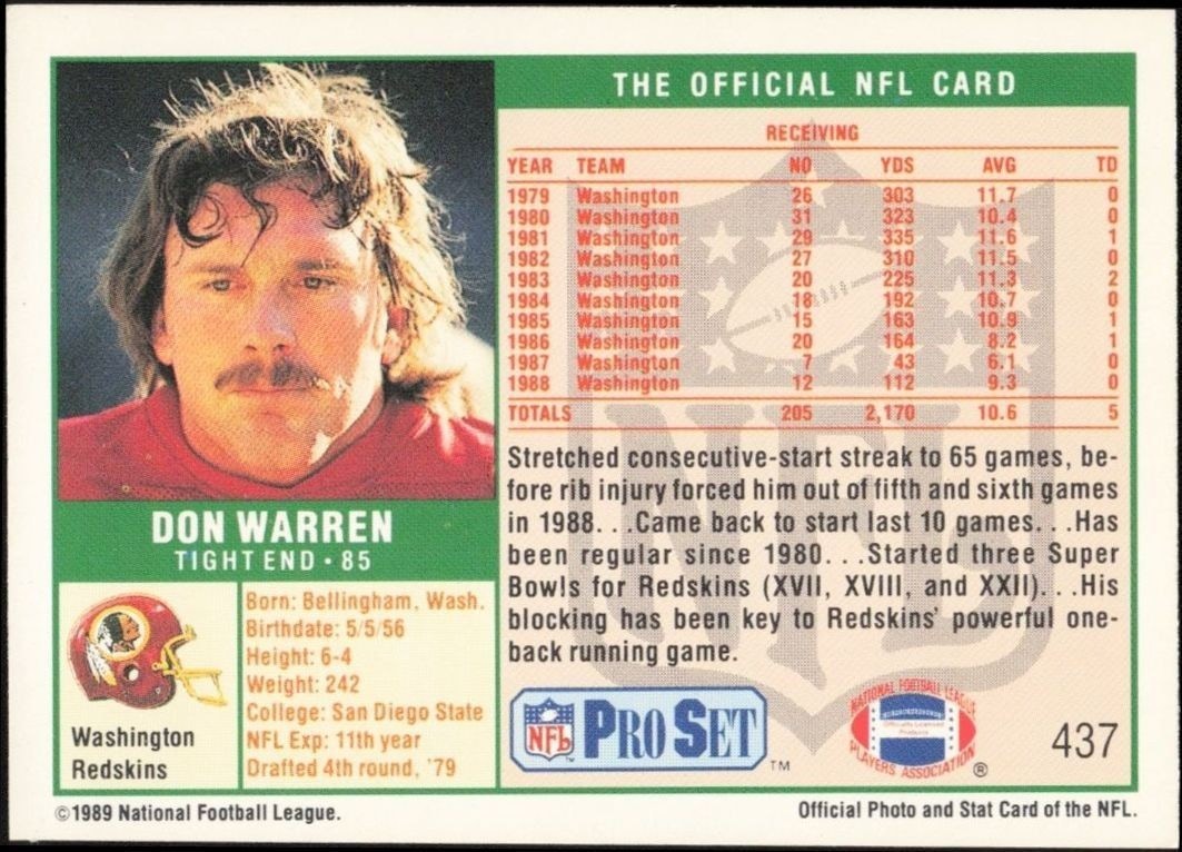 1989 Pro Set Don Warren #437 football trading card back