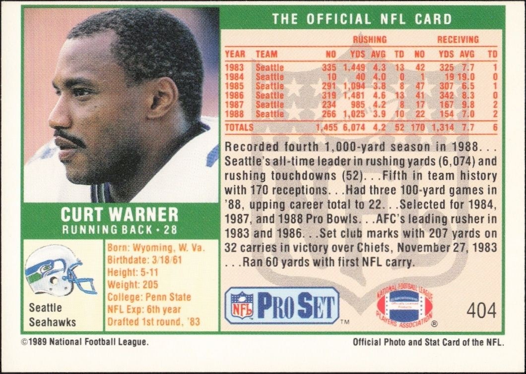 1989 Pro Set Curt Warner #404 football trading card back