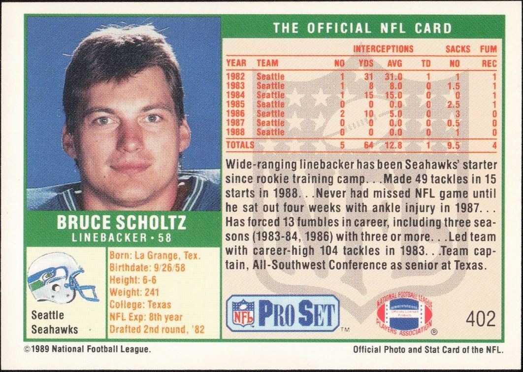 1989 Pro Set Bruce Scholtz #402 football trading card back