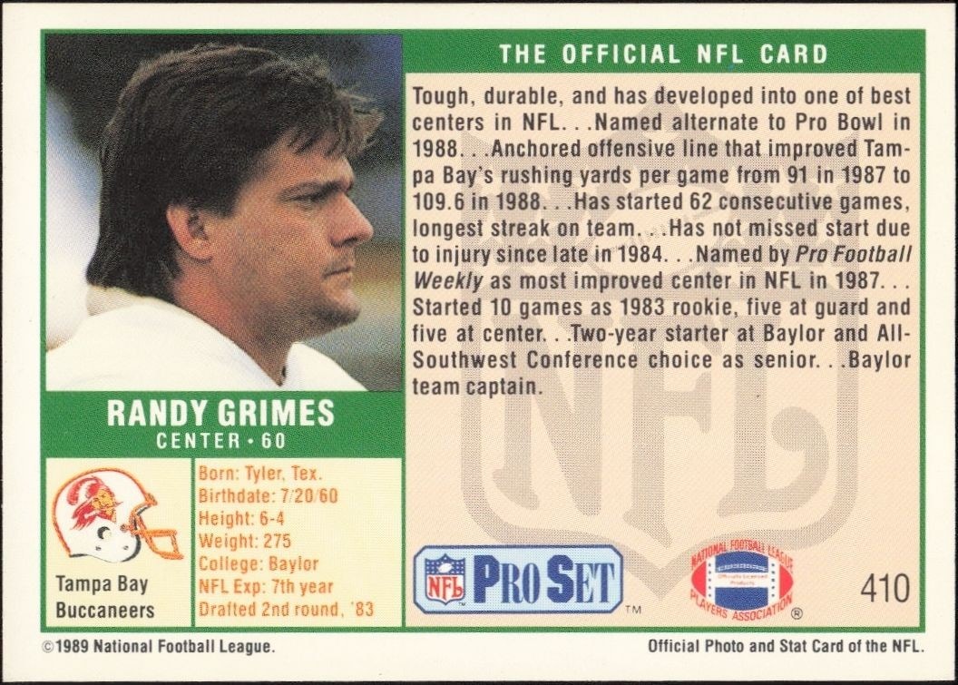 1989 Pro Set Randy Grimes #410 football trading card back