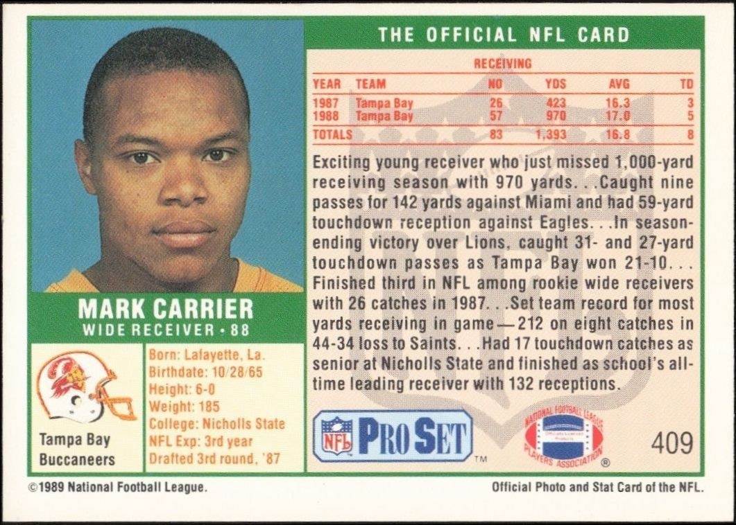 1989 Pro Set Mark Carrier #409 football trading card back