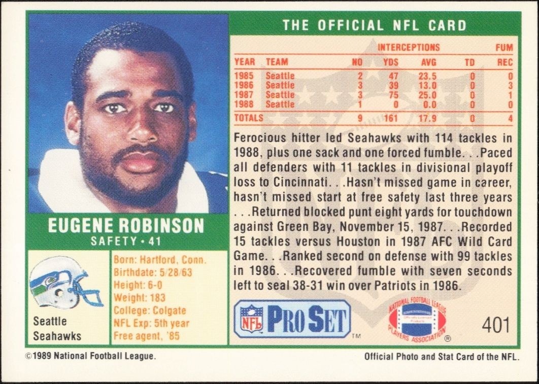 1989 Pro Set Eugene Robinson #401 football trading card back