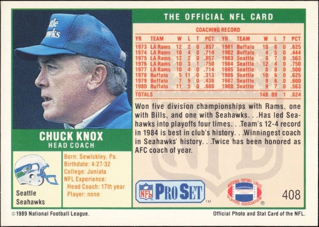 1989 Pro Set Chuck Knox #408 football trading card back