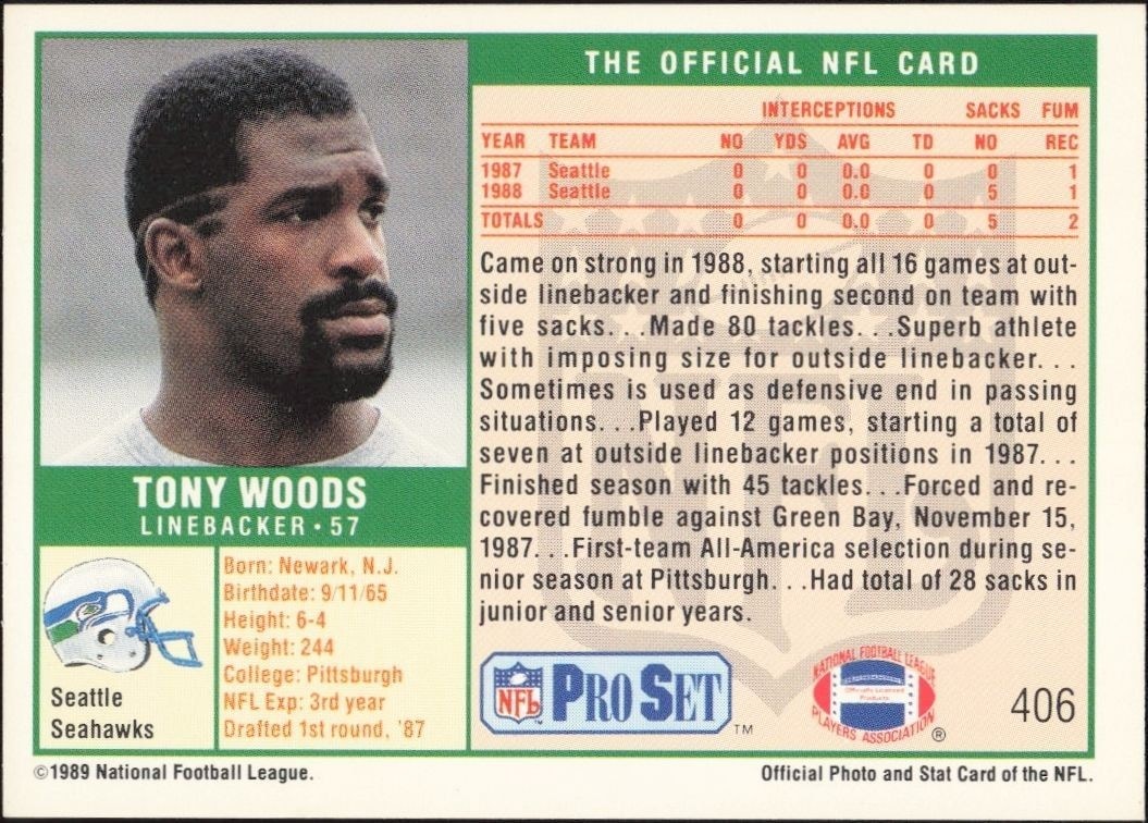 1989 Pro Set Tony Woods #406 football trading card back