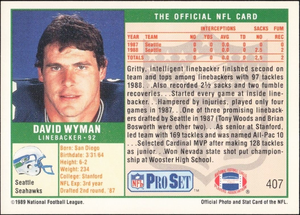 1989 Pro Set David Wyman #407 football trading card back