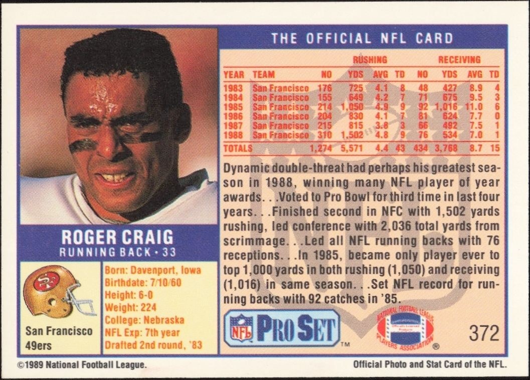 1989 Pro Set Roger Craig #372 football trading card back