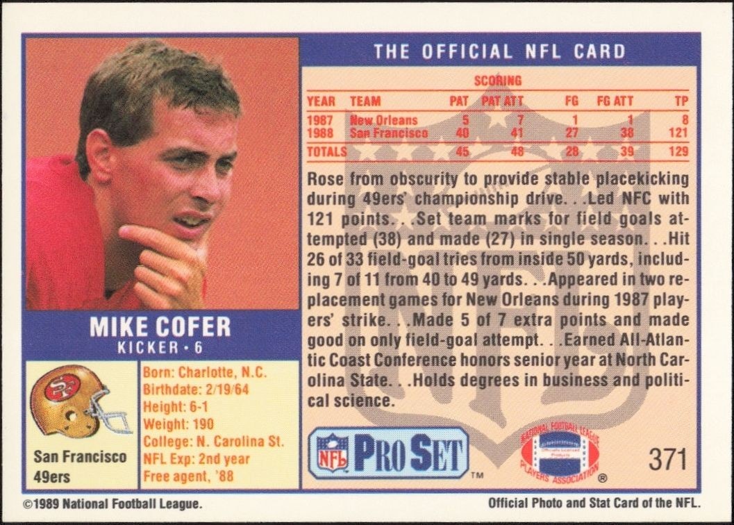 1989 Pro Set Mike Cofer #371 football trading card back