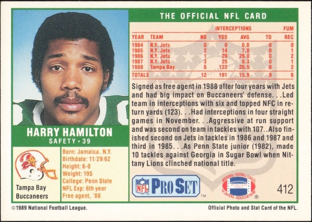1989 Pro Set Harry Hamilton #412 football trading card back