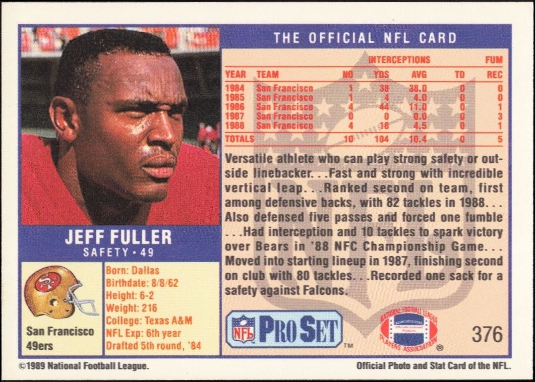 1989 Pro Set Jeff Fuller #376 football trading card back