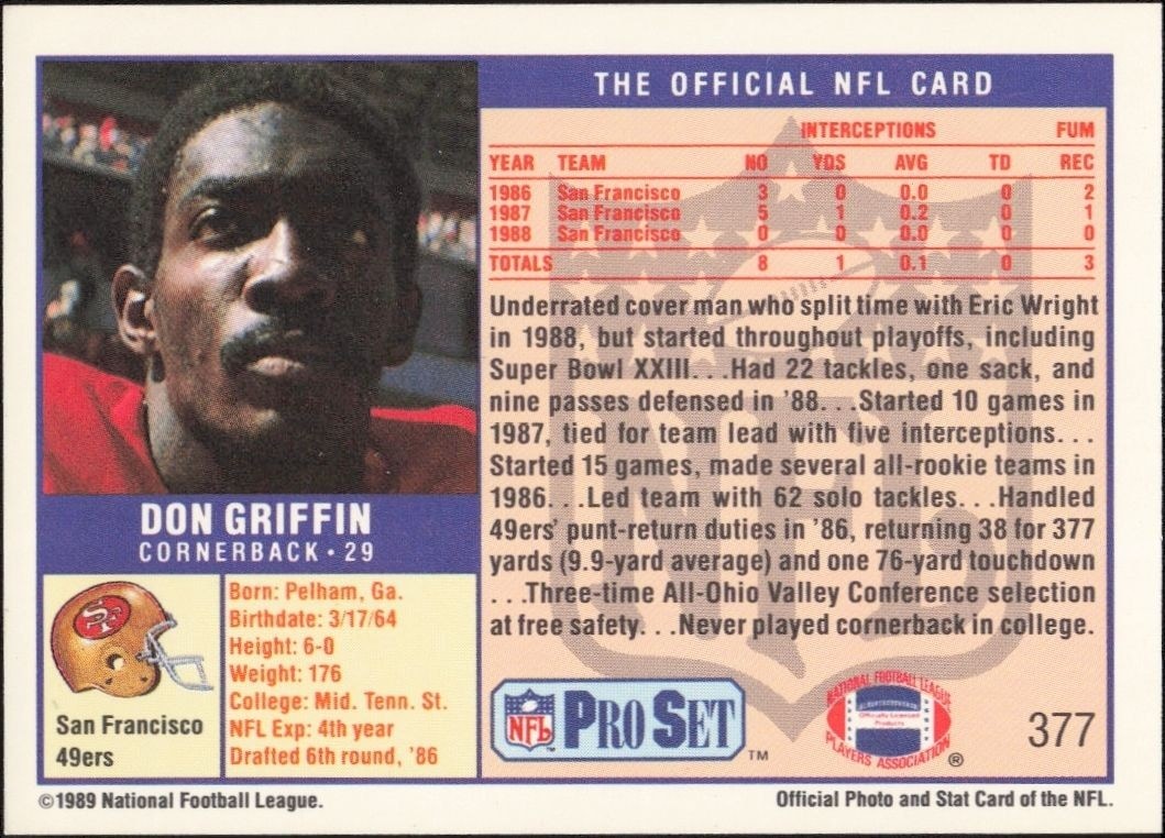 1989 Pro Set Don Griffin #377 football trading card back
