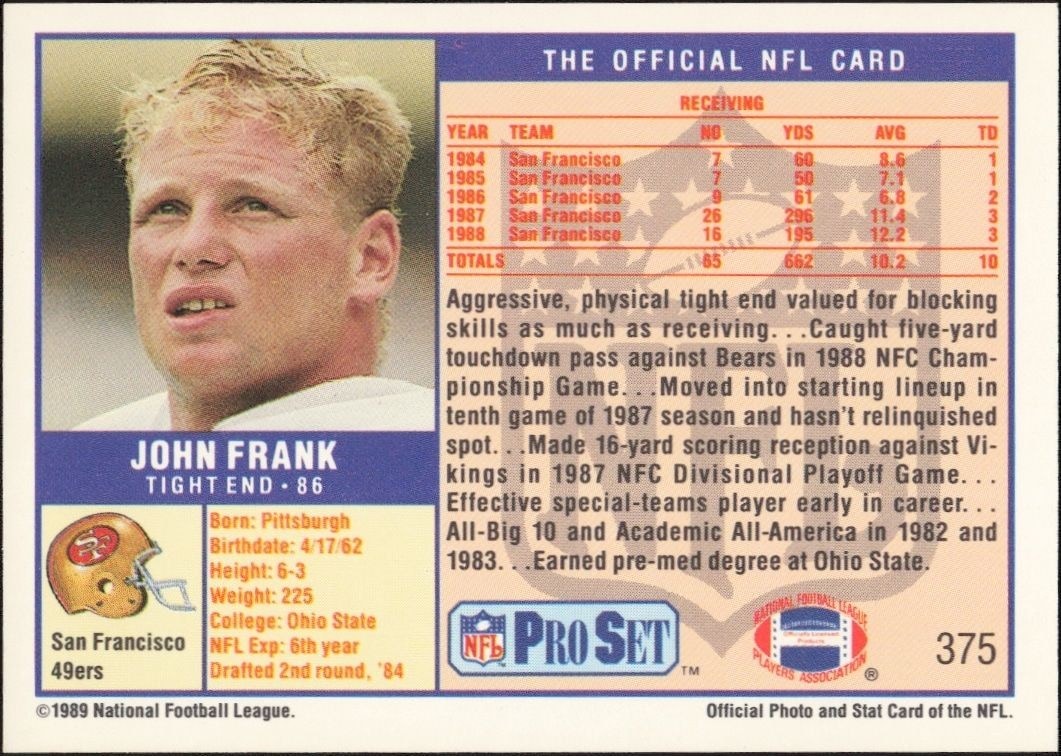 1989 Pro Set John Frank #375 football trading card back
