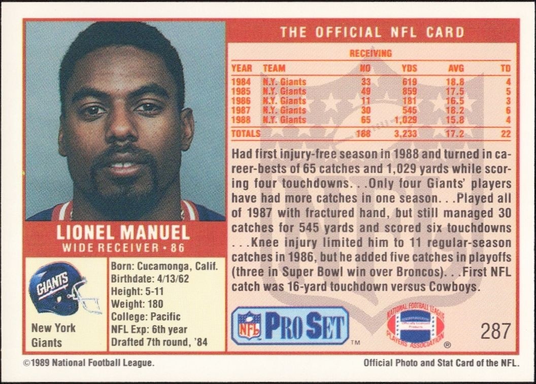 1989 Pro Set Lionel Manuel #287 football trading card back