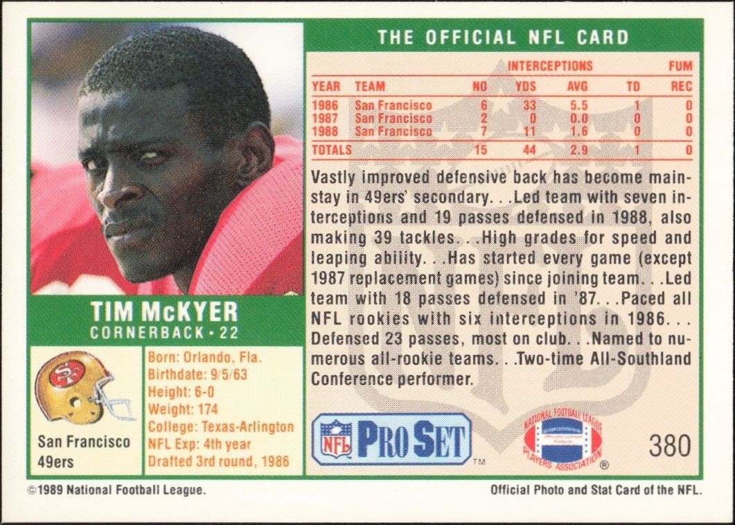 1989 Pro Set Tim McKyer #380 football trading card back