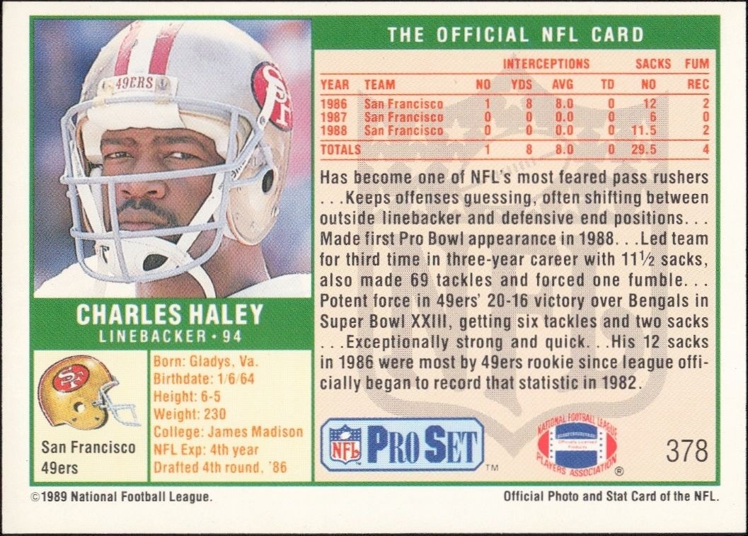 1989 Pro Set Charles Haley #378 football trading card back