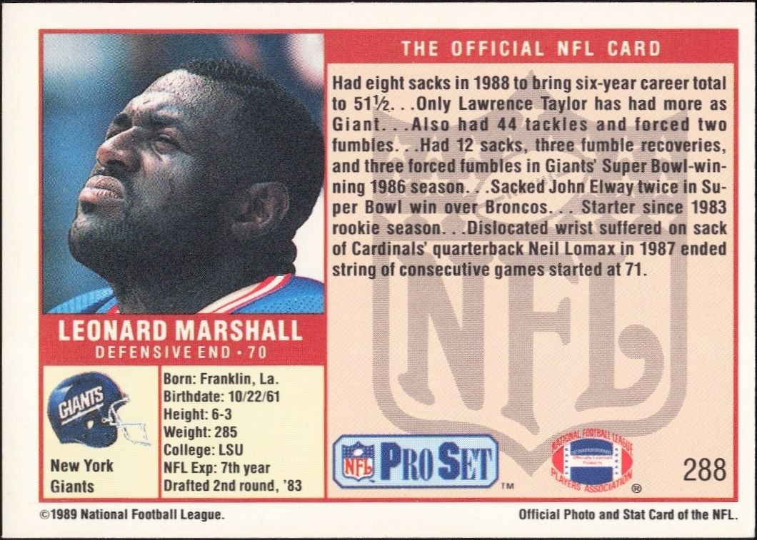 1989 Pro Set Leonard Marshall #288 football trading card back
