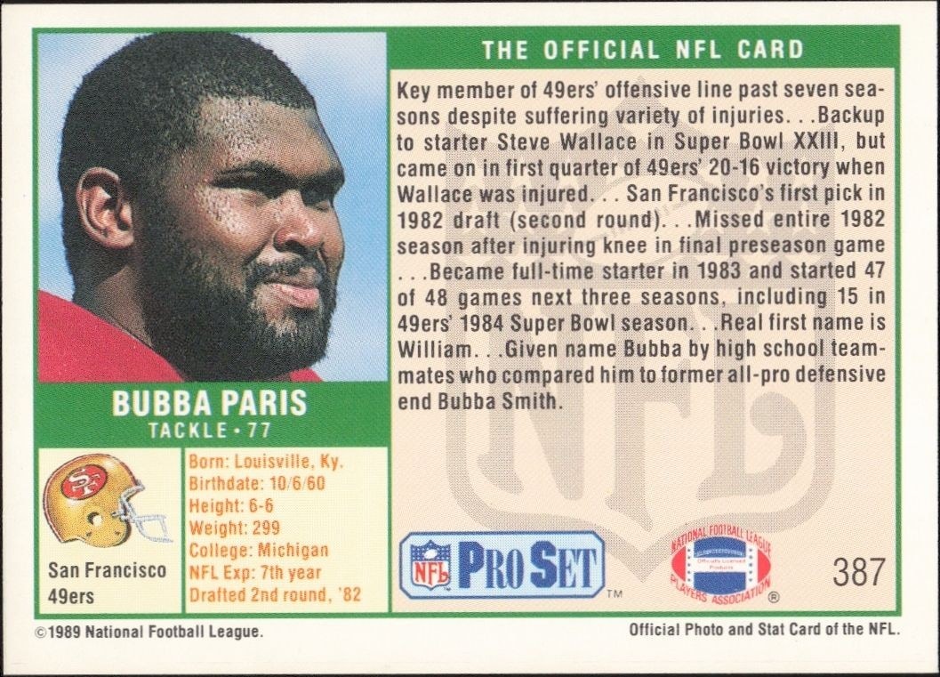 1989 Pro Set Bubba Paris #387 football trading card back