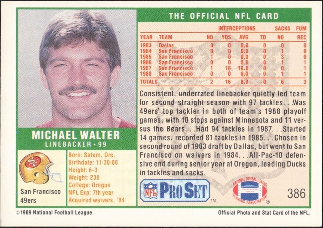 1989 Pro Set Michael Walter #386 football trading card back