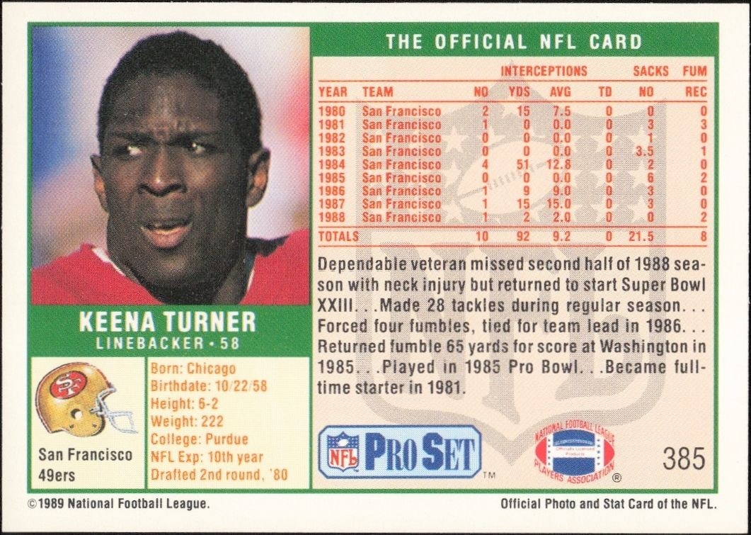 1989 Pro Set Keena Turner #385 football trading card back