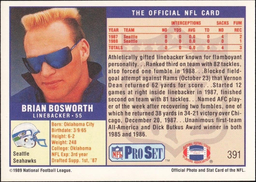 1989 Pro Set Brian Bosworth #391 football trading card back
