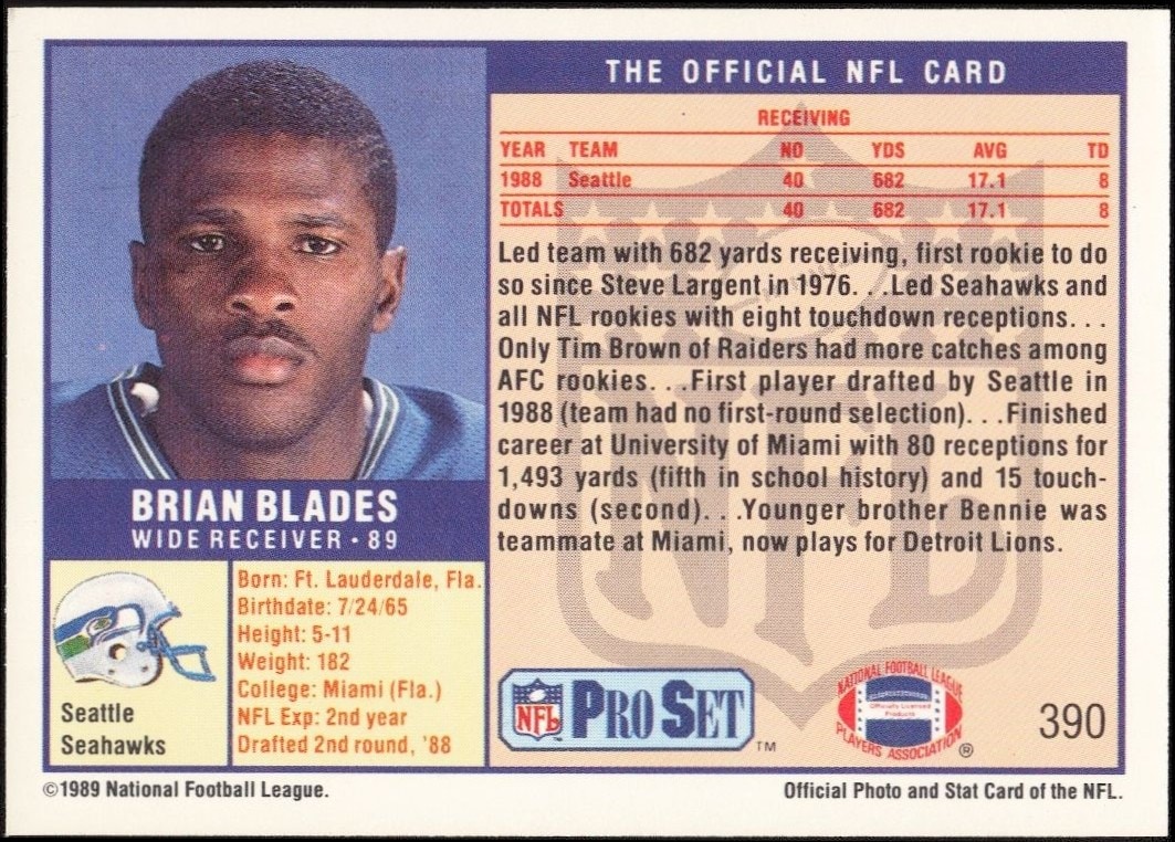 1989 Pro Set Brian Blades #390 football trading card back