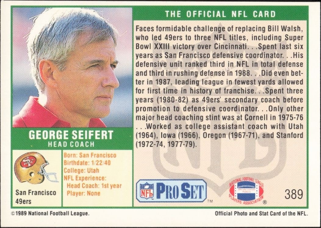 1989 Pro Set George Seifert #389 football trading card back