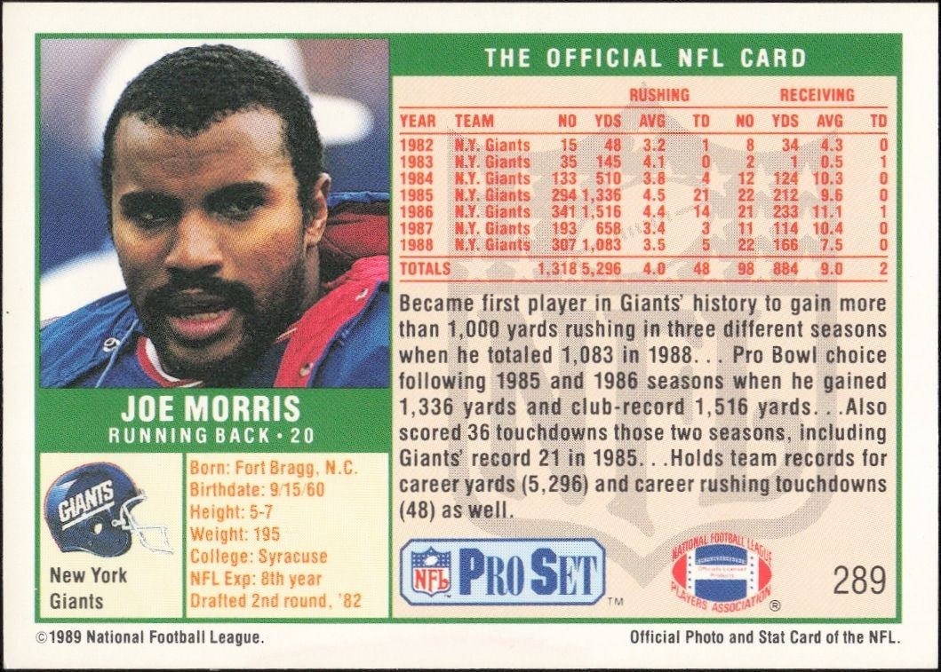 1989 Pro Set Joe Morris #289 football trading card back