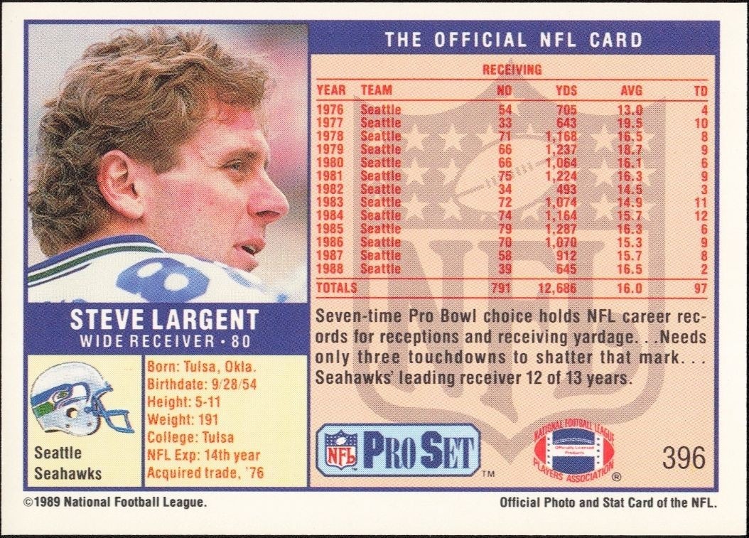 1989 Pro Set Steve Largent #396 football trading card back