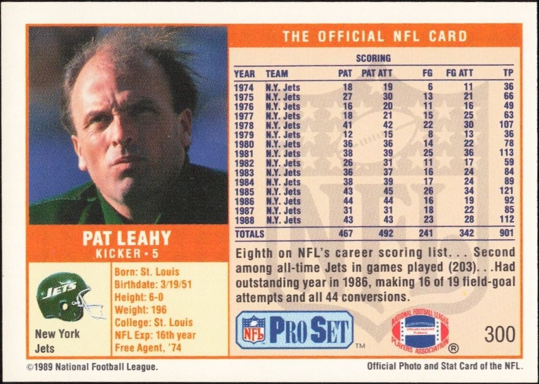 1989 Pro Set Pat Leahy #300 football trading card back