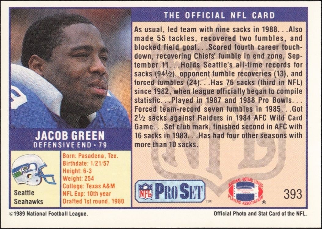 1989 Pro Set Green Jacob Green #393 football trading card back