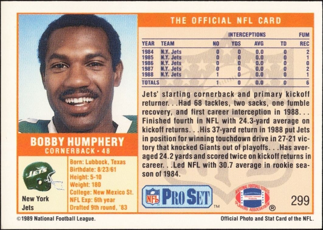 1989 Pro Set Bobby Humphery #299 football trading card back