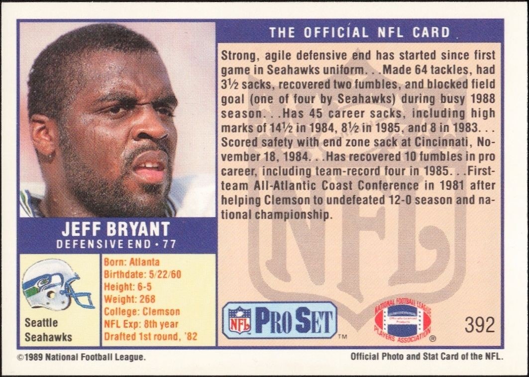 1989 Pro Set Jeff Bryant #392 football trading card back