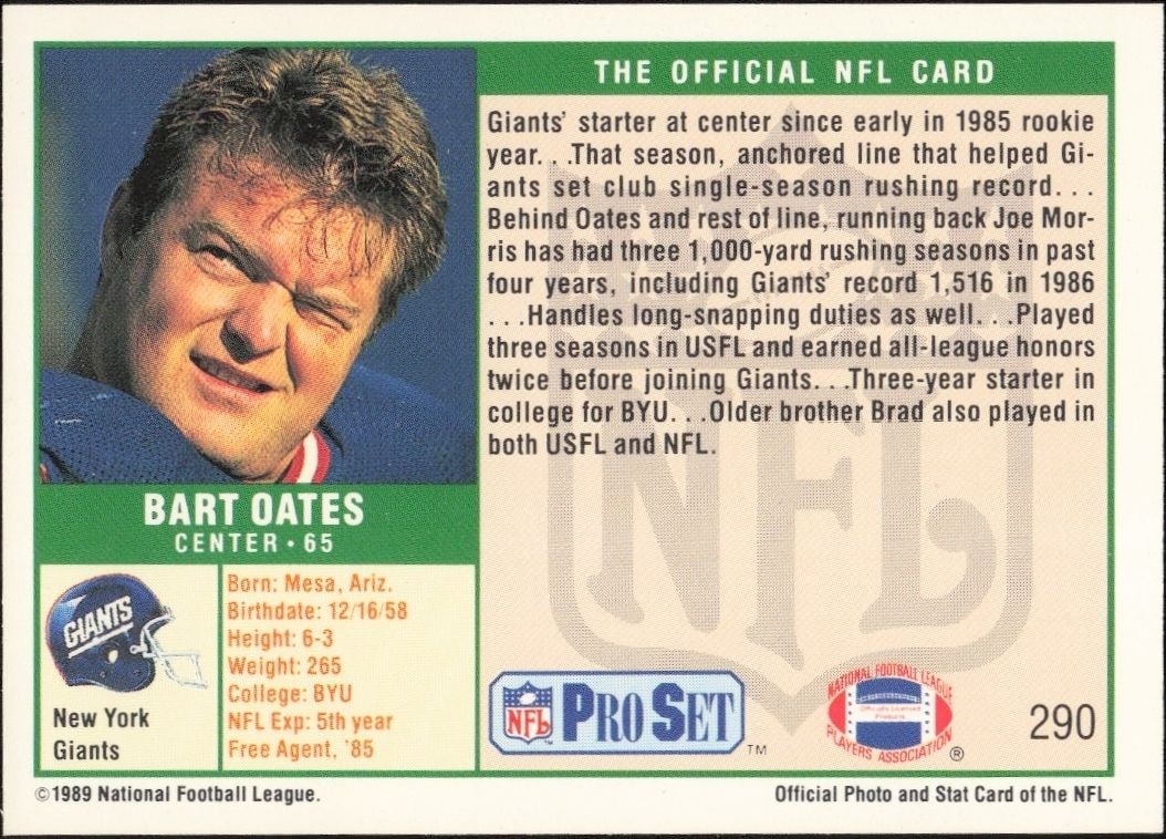 1989 Pro Set Bart Oates #290 football trading card back