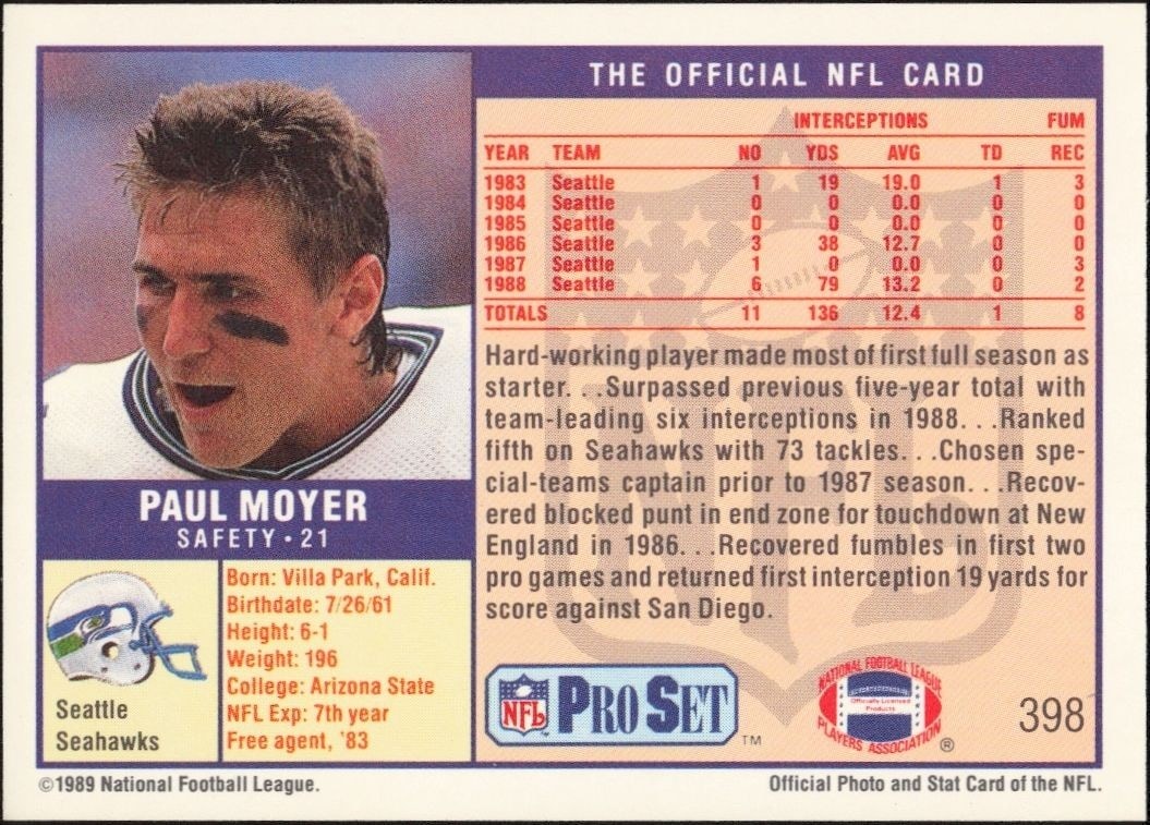 1989 Pro Set Paul Moyer #398 football trading card back