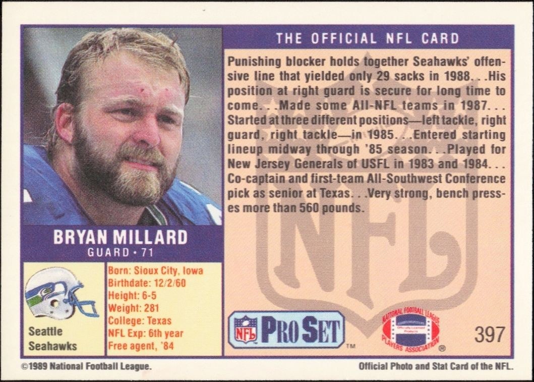 1989 Pro Set Bryan Millard #397 football trading card back