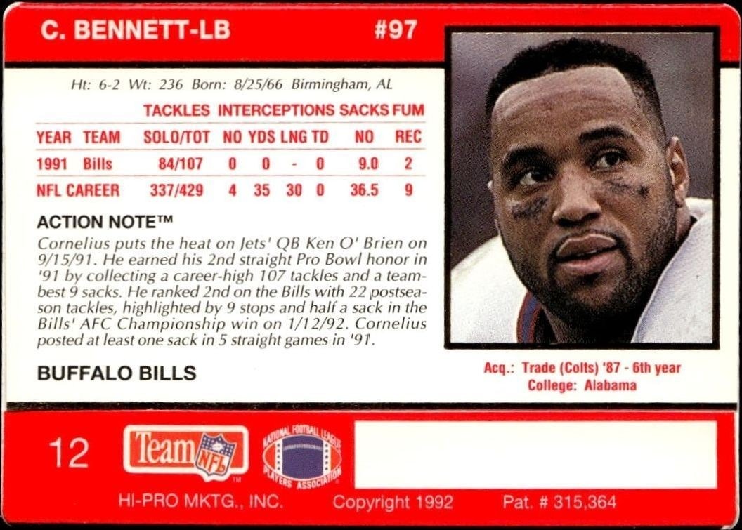 1992 Action Packed Cornelius Bennett #12 football trading card back
