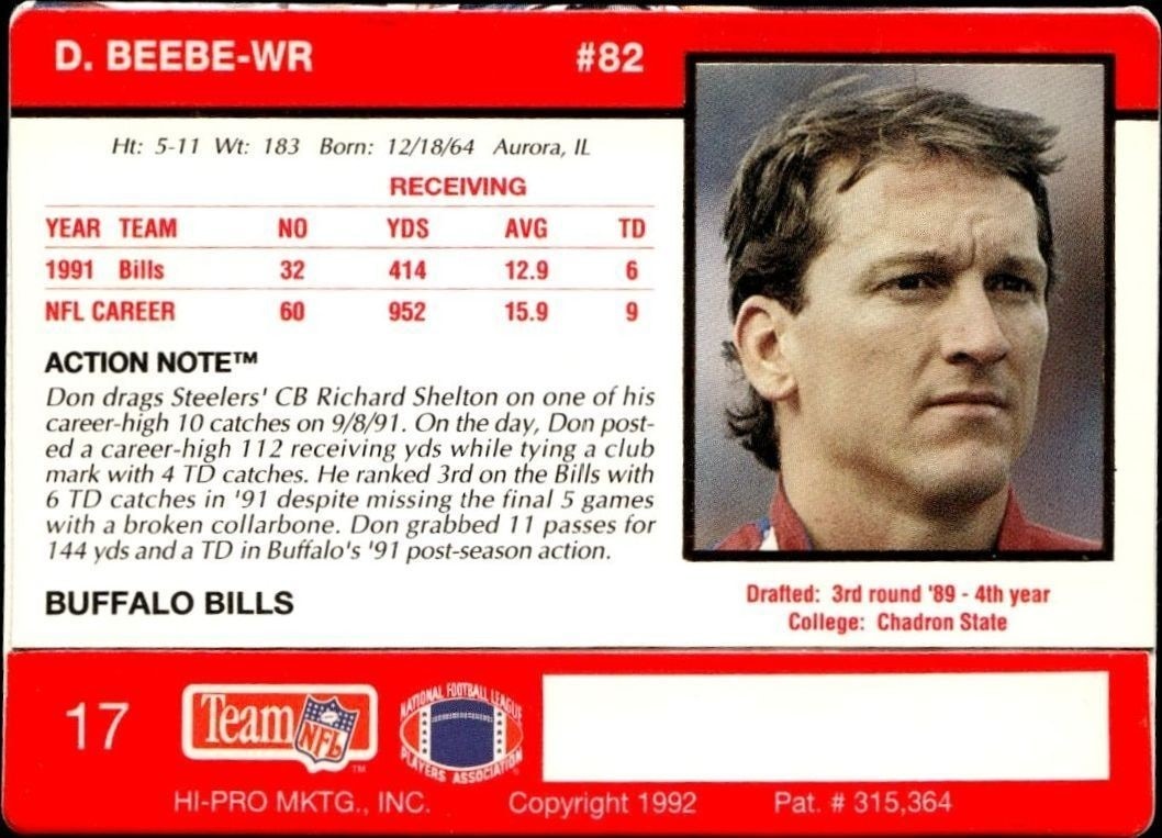 1992 Action Packed Don Beebe #17 football trading card back