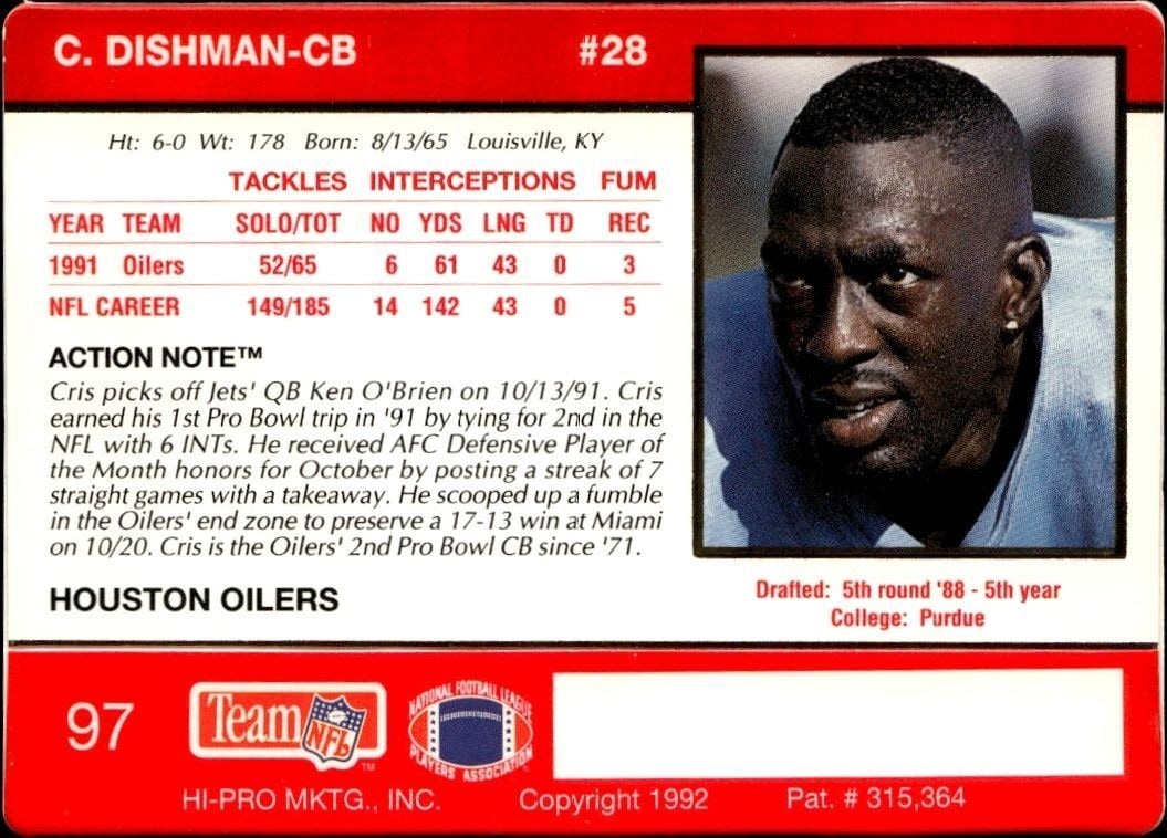 1992 Action Packed Cris Dishman #97 football trading card back
