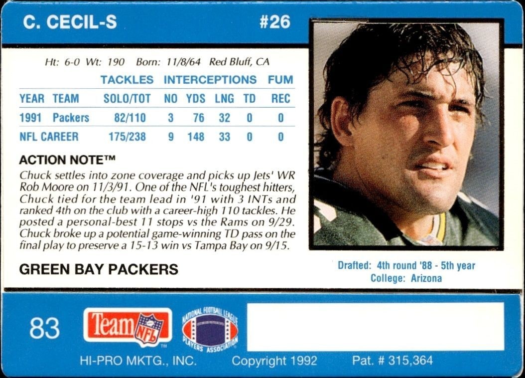 1992 Action Packed Chuck Cecil #83 football trading card back