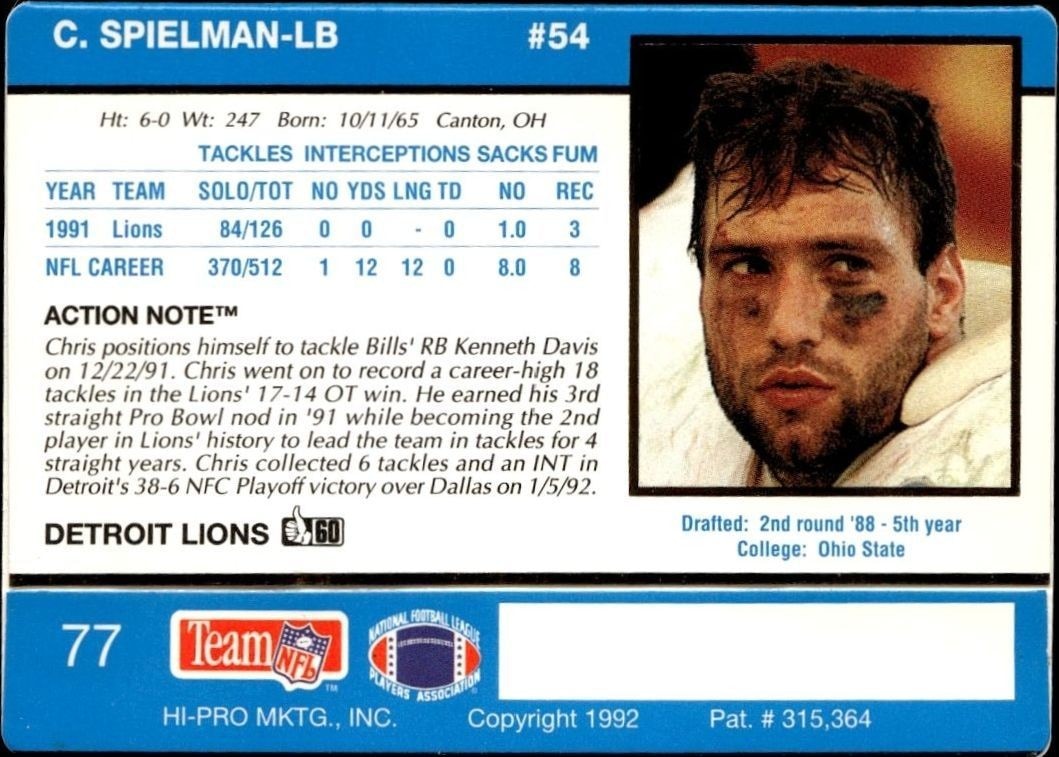 1992 Action Packed Chris Spielman #77 football trading card back