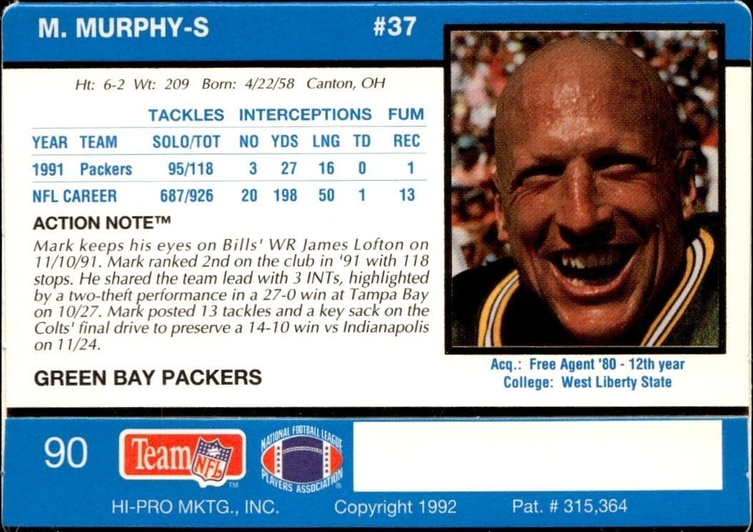 1992 Action Packed Mark Murphy #90 football trading card back
