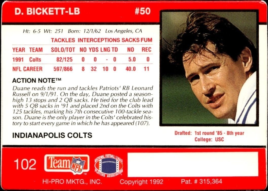 1992 Action Packed Duane Bickett #102 football trading card back