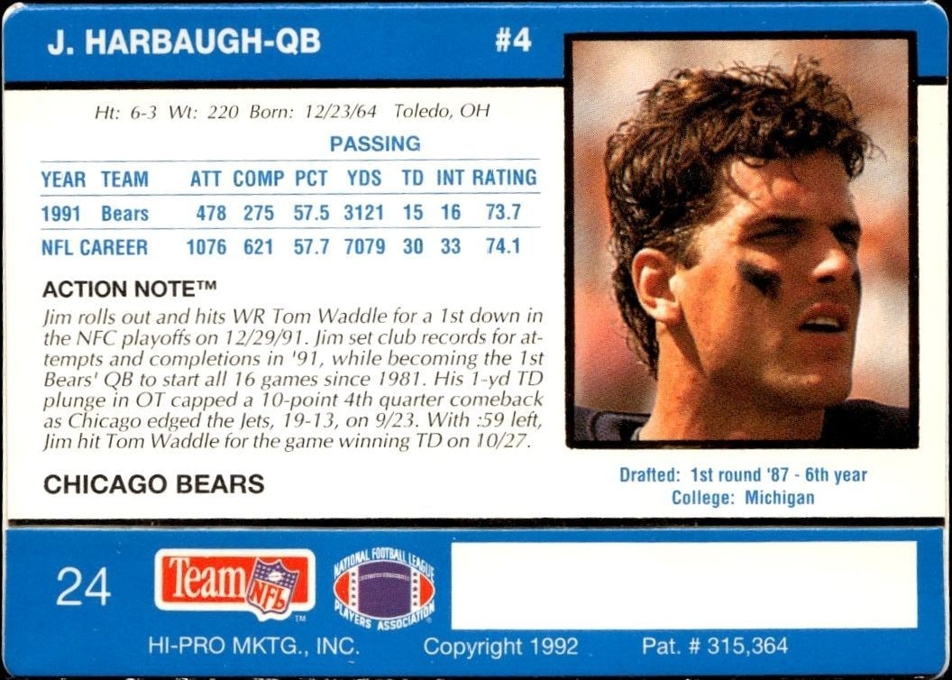 1992 Action Packed Jim Harbaugh #24 football trading card back