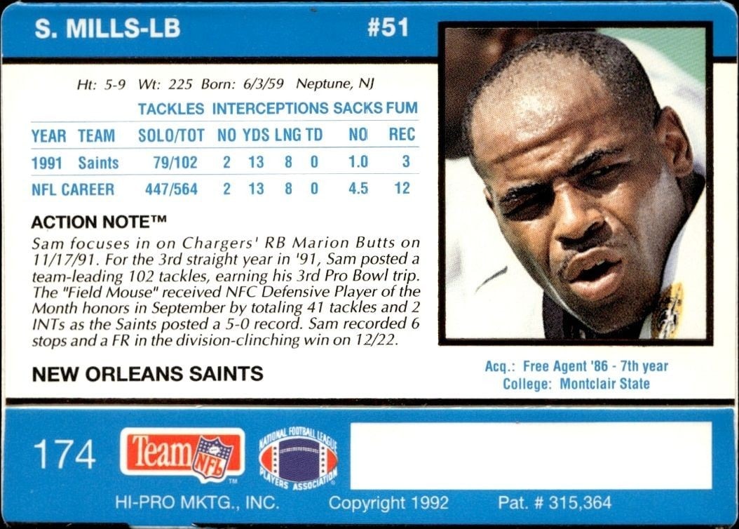 1992 Action Packed Sam Mills #174 football trading card back