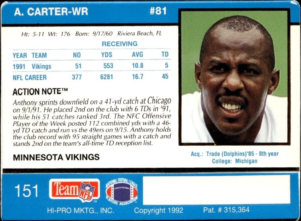 1992 Action Packed Anthony Carter #151 football trading card back