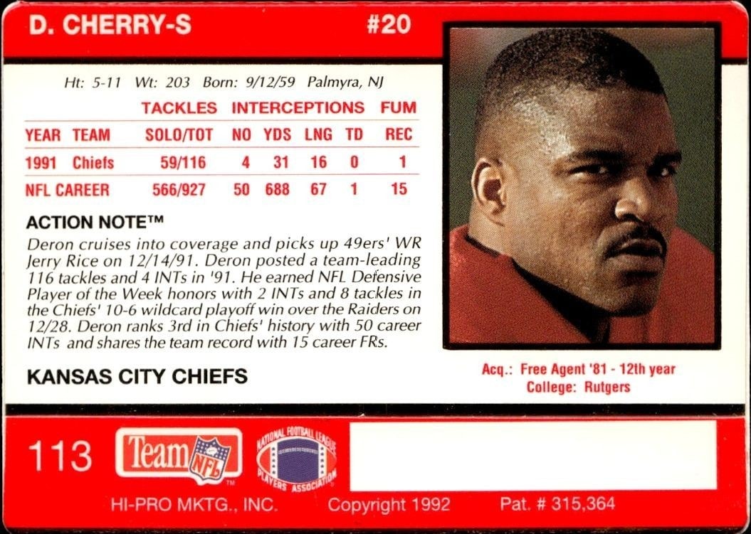 1992 Action Packed Deron Cherry #113 football trading card back